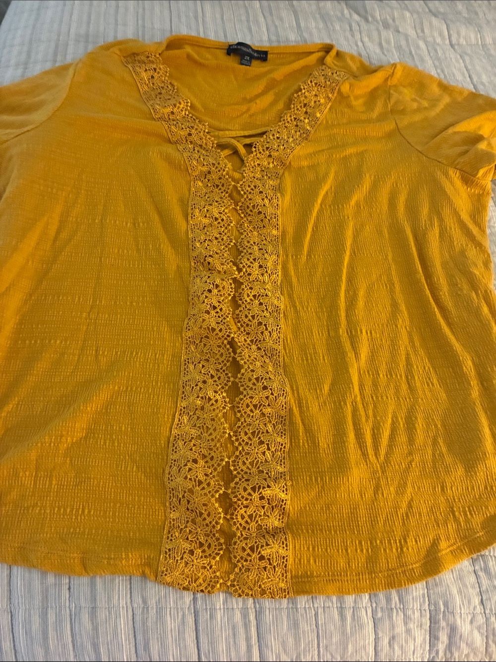 Lace-Trim Short Sleeve Blouse in Mustard